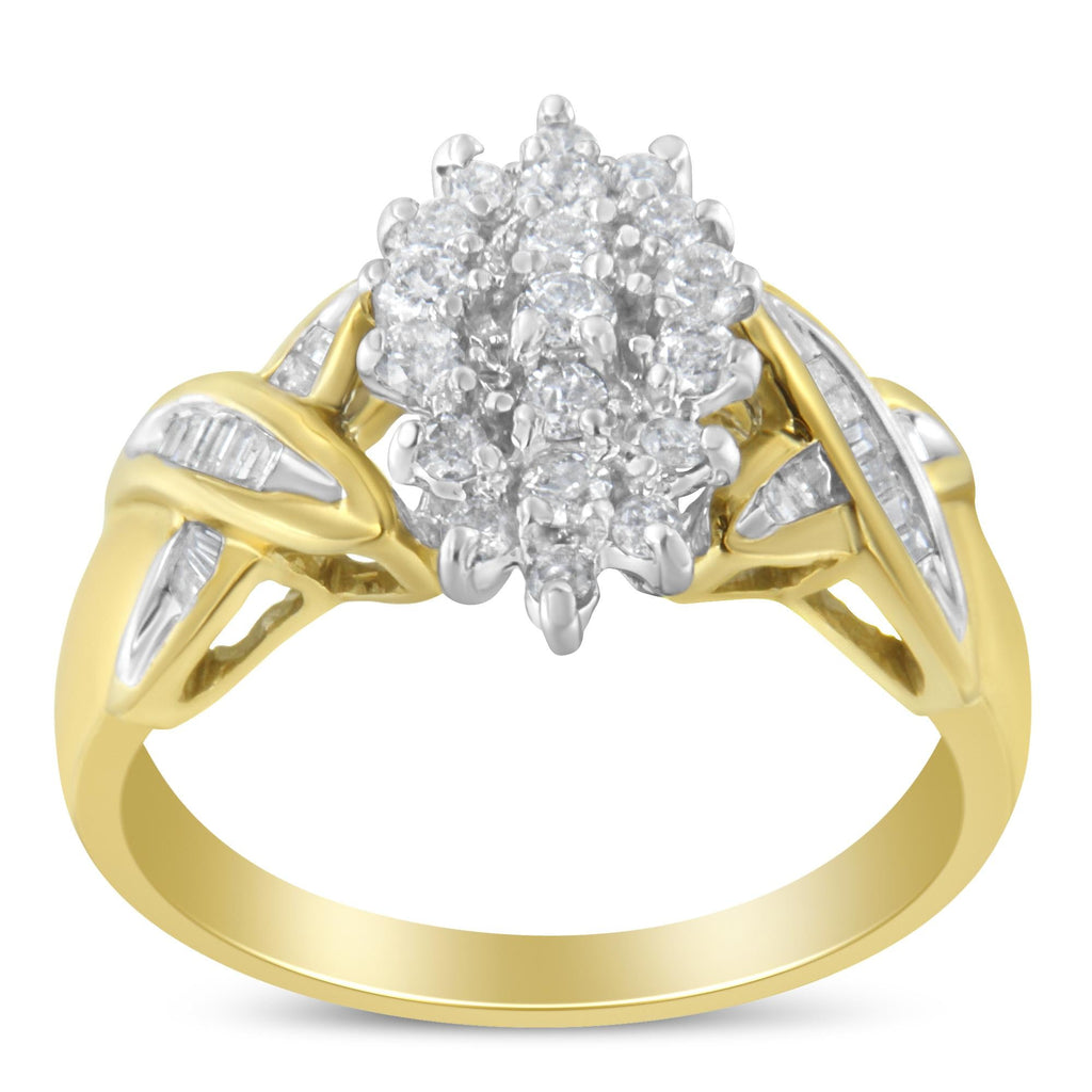 10K Two-Toned Round Baguette Diamond Cluster Ring (1/2 Cttw, I-J Color, I2-I3 Clarity)