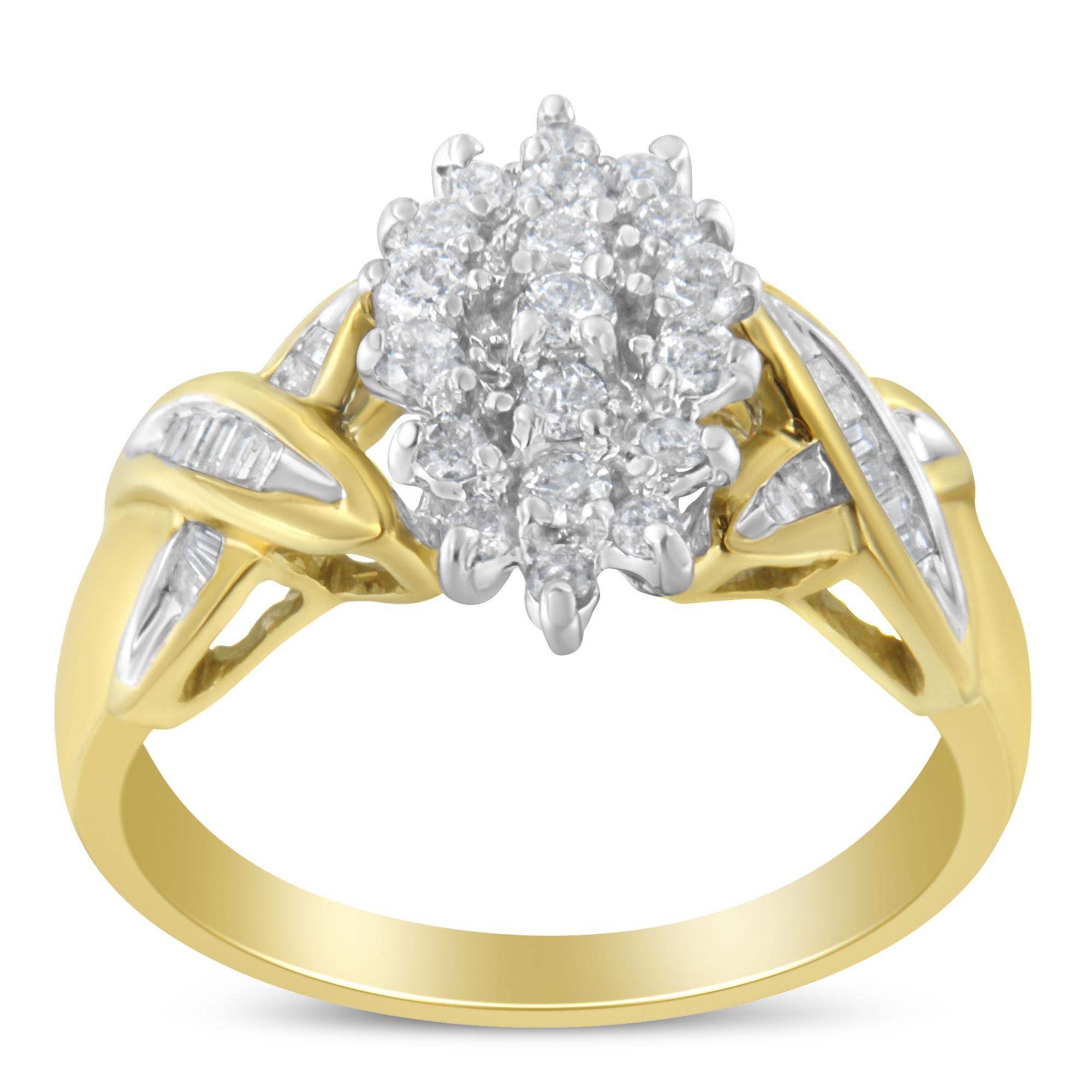 10K Two-Toned Round Baguette Diamond Cluster Ring (1/2 Cttw, I-J Color, I2-I3 Clarity)