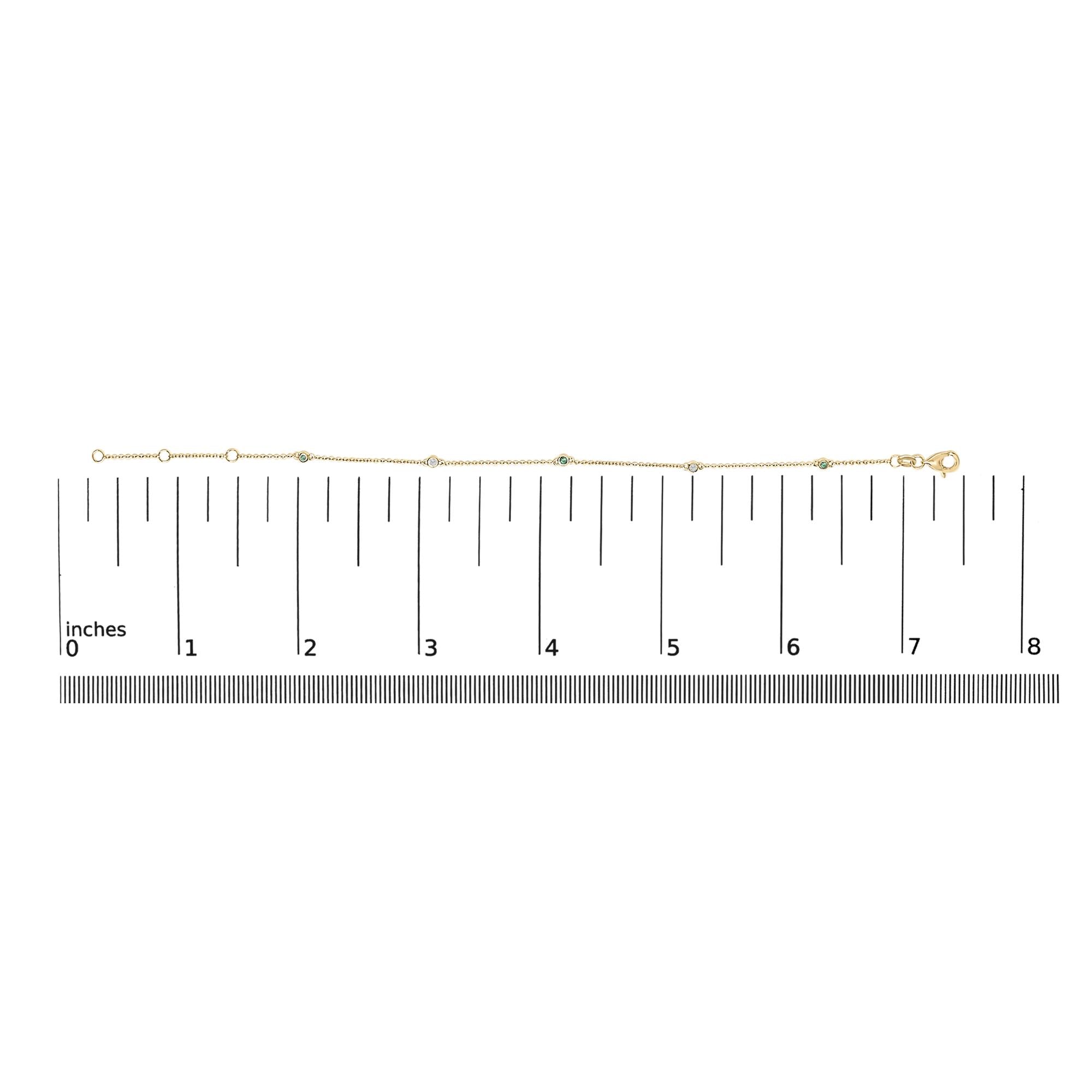 14K Yellow Gold Alternating Green Emerald and Diamond Bezel Station Chain Bracelet - Size 7.5 inch