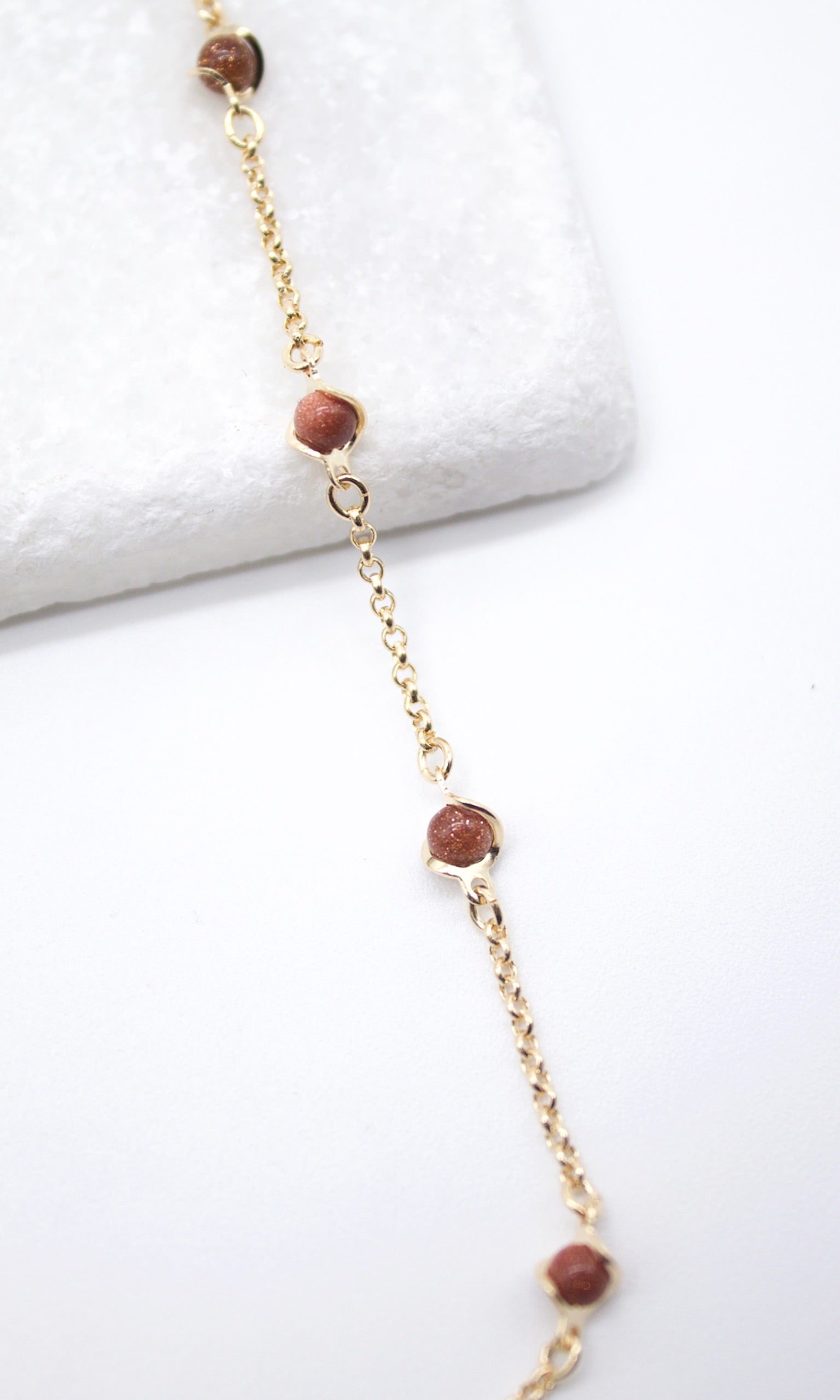 18K Gold Filled 5mm Designed Brown aventurine Bead Necklace (F221)